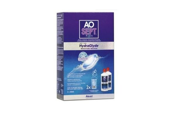 AoSept Plus with HydraGlyde (2x360 ml), Soluzione per lenti a contatto + 2 portalenti